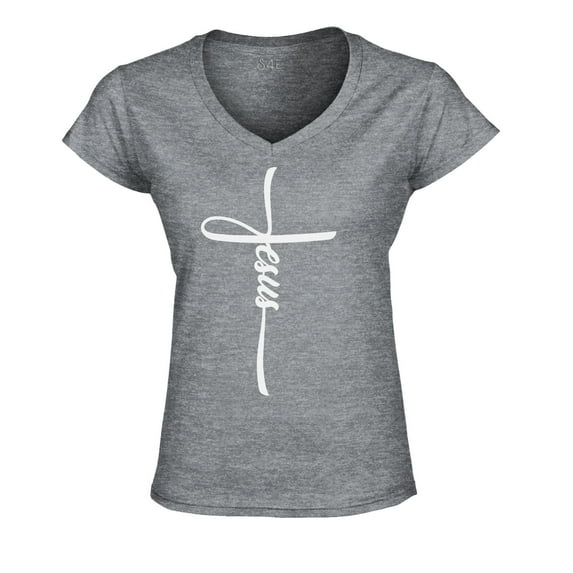 S4E Women's Jesus Cross Religious Slim Fit V-Neck T-Shirt XX-Large Sports Grey