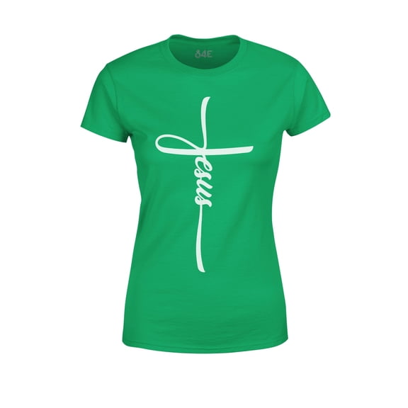 S4E Women's Jesus Cross Religious T-Shirt Large Irish Green
