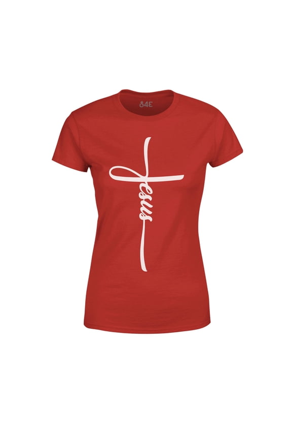 Women's Jesus Cross Religious T-Shirt Large Red