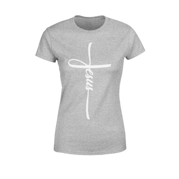 S4E Women's Jesus Cross Religious T-Shirt Large Sports Grey