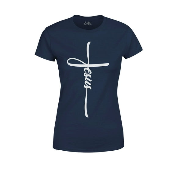 S4E Women's Jesus Cross Religious T-Shirt Medium Navy