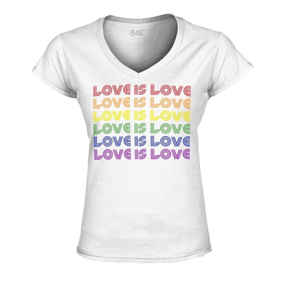 S4E Women's Love is Love Rainbow Gay Pride Slim Fit V-Neck T-Shirt Small White