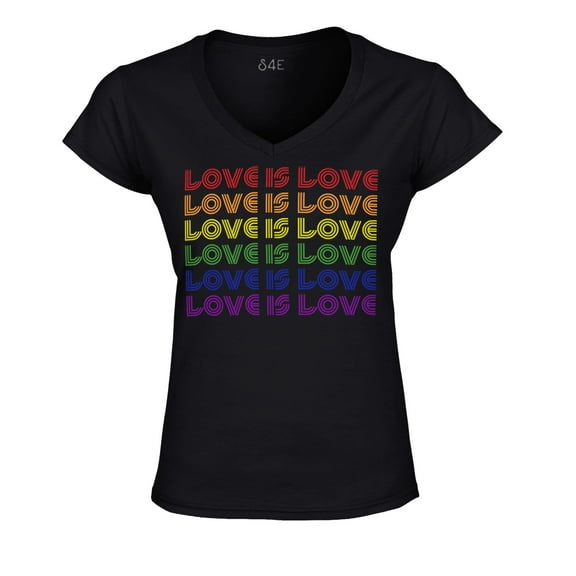 S4E Women's Love is Love Rainbow Gay Pride Slim Fit V-Neck T-Shirt X-Large Black