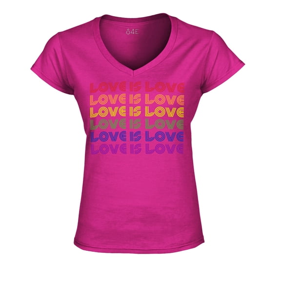 S4E Women's Love is Love Rainbow Gay Pride Slim Fit V-Neck T-Shirt X-Large Pink