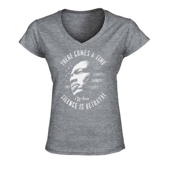 S4E Women's Martin Luther King Jr. Silence is Betrayal Slim Fit V-Neck T-Shirt Medium Sports Grey