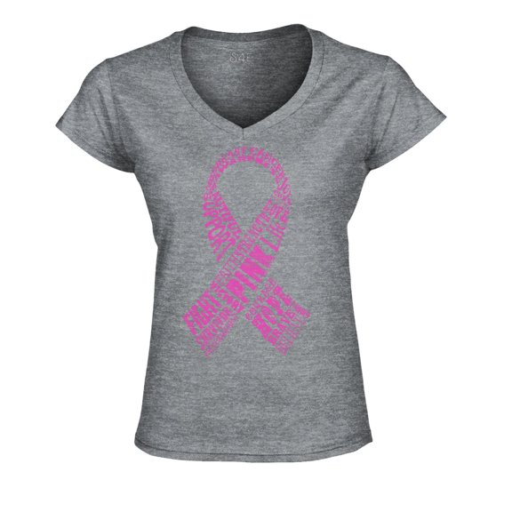 S4E Women's Pink Ribbon Word Montage Slim Fit V-Neck T-Shirt Small Sports Grey