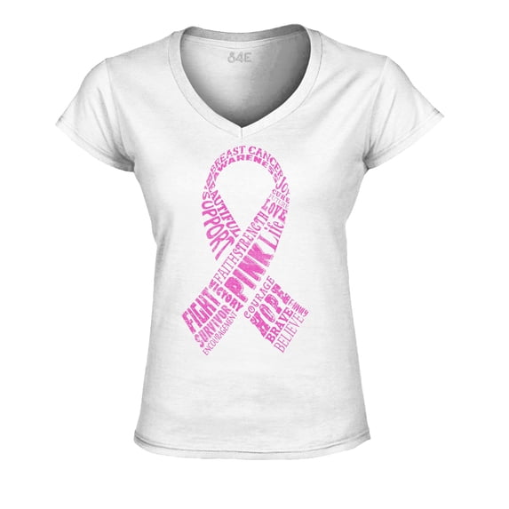 S4E Women's Pink Ribbon Word Montage Slim Fit V-Neck T-Shirt Small White