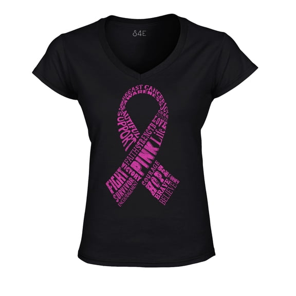 S4E Women's Pink Ribbon Word Montage Slim Fit V-Neck T-Shirt X-Large Black
