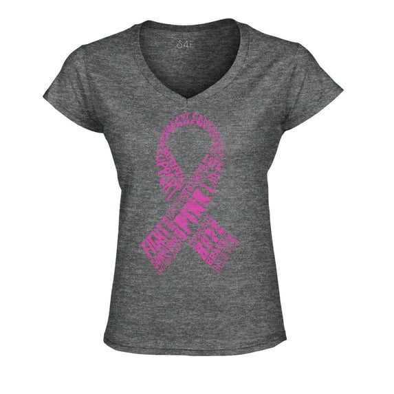 S4E Women's Pink Ribbon Word Montage Slim Fit V-Neck T-Shirt X-Small Heather Charcoal