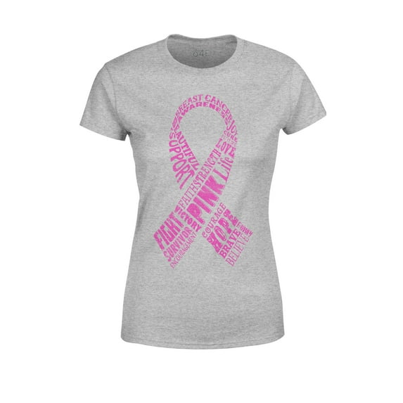 S4E Women's Pink Ribbon Word Montage T-Shirt Medium Sports Grey