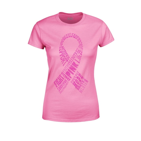 S4E Women's Pink Ribbon Word Montage T-Shirt Small Azalea Pink