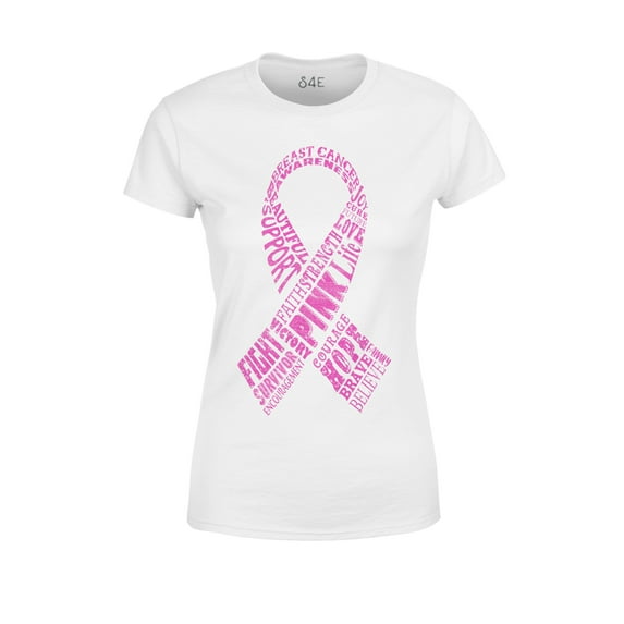 S4E Women's Pink Ribbon Word Montage T-Shirt XXX-Large White