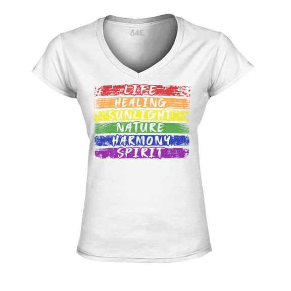 S4E Women's Pride Flag Life Harmony Spirit Slim Fit V-Neck T-Shirt Small White