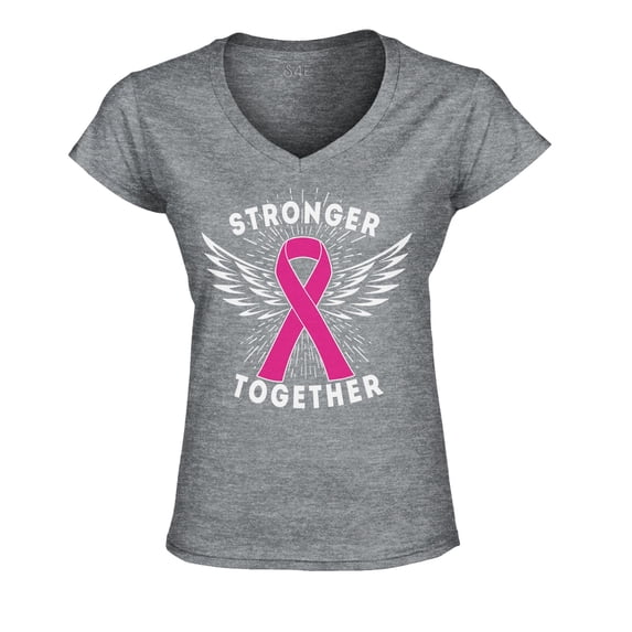 S4E Women's Stronger Together Breast Cancer Slim Fit V-Neck T-Shirt Large Sports Grey