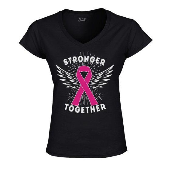S4E Women's Stronger Together Breast Cancer Slim Fit V-Neck T-Shirt Small Black