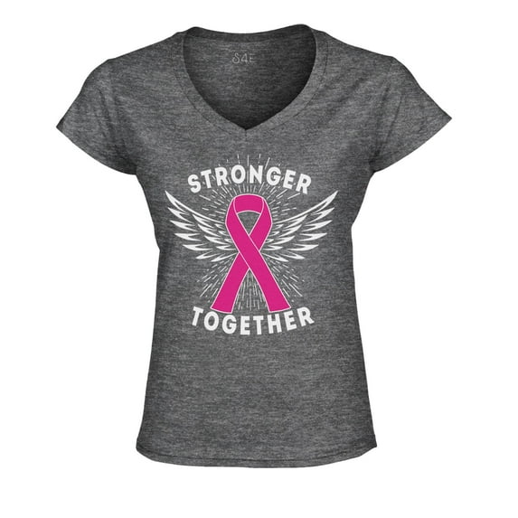 S4E Women's Stronger Together Breast Cancer Slim Fit V-Neck T-Shirt X-Small Heather Charcoal