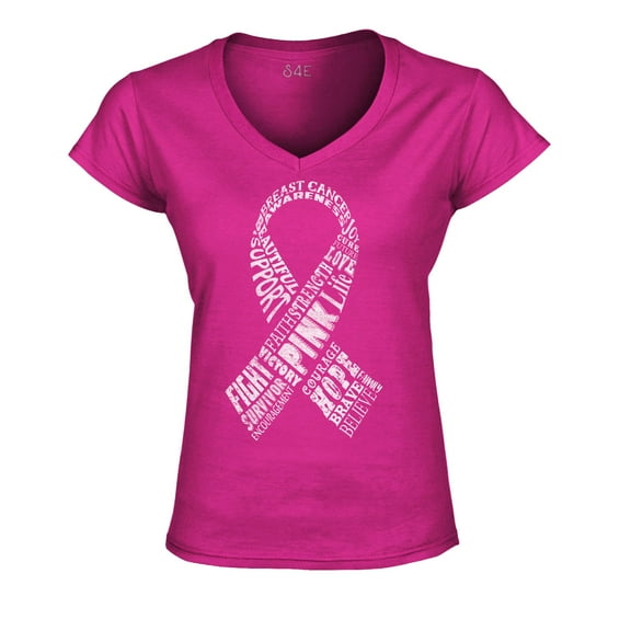 S4E Women's White Ribbon Word Montage Slim Fit V-Neck T-Shirt Small Pink