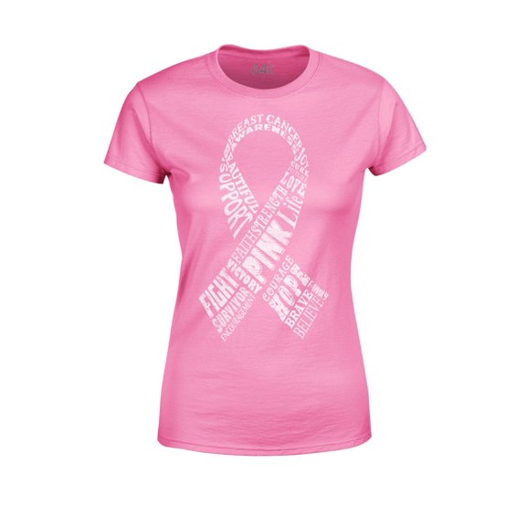 S4E Women's White Ribbon Word Montage T-Shirt Small Azalea Pink
