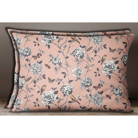 S4Sassy 2 Pcs Pillow Case Peach Cotton Poplin Bird & Floral Print Cushion Cover Thorw-20 x 28 Inches