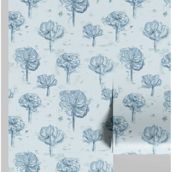 S4Sassy Artistic Dahlia Sketch Wallpaper - Blue Walls Covering, 25 x 120 Self-Adhesive Vinyl Wall Paper, Decorative Wallwrap, Easy DIY Wall Covering For Bedroom, Living Room, Living Space