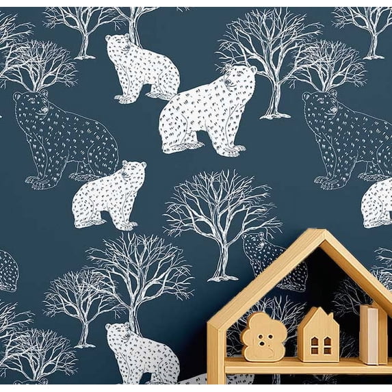 S4Sassy Bear and Tree Wallpaper - Blue Wall Covering, 25" x 60" Self-Adhesive Vinyl Walls Paper, Walls Wrap, Easy DIY Wall Covering For Kids Bedroom, Kids room wall decor, Playroom Wallpaper