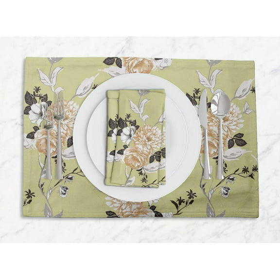 S4Sassy Beige Leaves & Peony Floral Washable Placemats & Napkins Table Decor Dining Mats