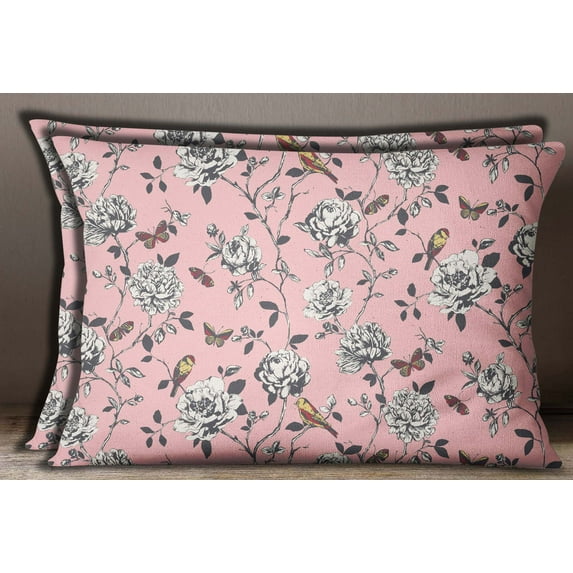 S4Sassy Bird & Floral Print Sham Pillow Case Coral Pink Cotton Poplin Cushion Cover 1 Pair-24 x 36 Inches