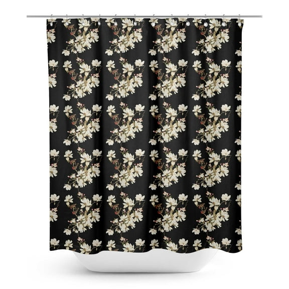 S4Sassy Black Bird & Magnolia Floral Bathroom Decor Shower Waterproof Curtain Drapes Resistant-60 x 84 Inch