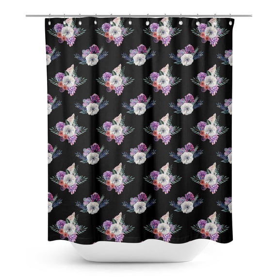 S4Sassy Black Leaves & Anemone Floral Waterproof Bathroom Shower Curtain With Roller Rings Hook-60 x 75 Inch
