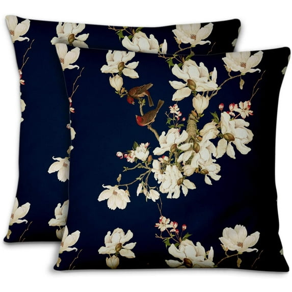 S4Sassy Blue Cotton Poplin Bird & Magnolia Pillow Case Sofa Cushion Cover Sofa Waist Throw Home Decor 2Pcs-22 x 22