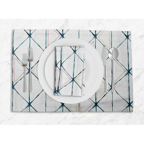 S4Sassy Blue Geometric Shibori Everyday Washable Placemats With Napkins Dining Table Decor