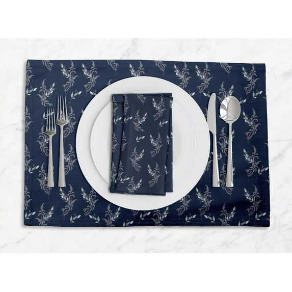 S4Sassy Blue Lavender Leaves Washable Printed Dining Reversible Tablemats With Napkins Set
