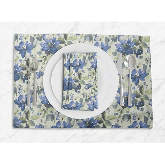 S4Sassy Blue Leaves & Magnolia Floral Washable Placemats & Napkins Table Decor Dining Mats