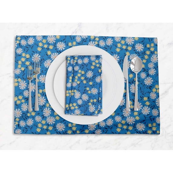 S4Sassy Blue Leaves & Night Jasmine Floral Everyday Washable Placemats With Napkins Dining Table Decor