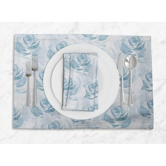 S4Sassy Blue Rose Floral Washable Printed Dining Reversible Tablemats With Napkins Set