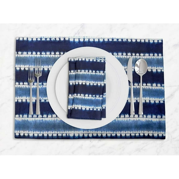 S4Sassy Blue Stripe Shibori Printed Dining Room Reversible Tablemats With Napkins set
