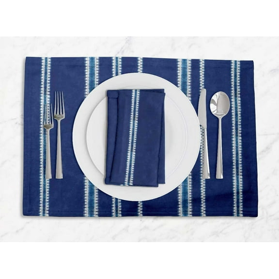 S4Sassy Blue Stripe Shibori Washable Placemats & Napkins Table Decor Dining Mats