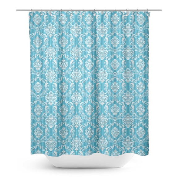 S4Sassy Blue Stripe & Vector Design Damask Waterproof Bathroom Shower Curtain With Roller Rings Hook-60 x 70 Inch