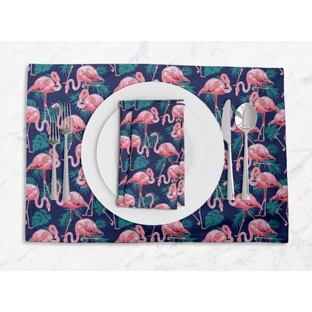 S4Sassy Blue Tropical Leaves & Flamingo Bird Printed Dining Room Reversible Tablemats With Napkins set