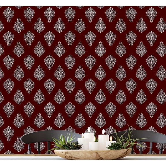 S4Sassy Boho Block Print Wallpaper - Asian Style Walls Covering, 25 x 120 Self-Adhesive Vinyl Wall Paper, Decorative Wallwrap, Easy DIY Wall Covering For Bedroom, Living Room, Living Spaces - Red