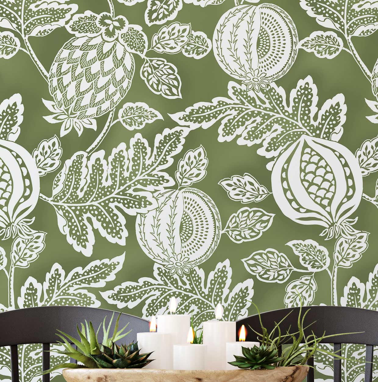 S4Sassy Botanical Pomegranate Wallpaper- Green Wall Covering, 25" x 360 ...