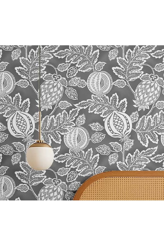 Botanical Pomegranate Wallpaper - Grey Wall Covering, 25" x 60" Self-Adhesive Vinyl Wallpaper, Walls Wrap, Easy DIY Wall Covering For Farmhouse Bedroom, Room, Cabinets, Living Spaces