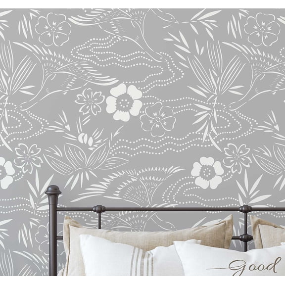 S4Sassy Botanical White Print Wallpaper - Asian Style Wall Covering, 25" x 120" Self-Adhesive Vinyl Wallpaper, Decorative Walls Wrap, Easy DIY Wall Covering For Bedroom, Living Spaces - Grey
