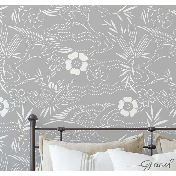 S4Sassy Botanical White Print Wallpaper - Asian Style Wall Covering, 25" x 240" Self-Adhesive Vinyl Wallpaper, Decorative Walls Wrap, Easy DIY Wall Covering For Bedroom, Living Spaces - Grey