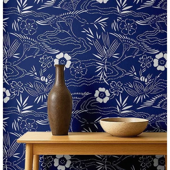 S4Sassy Botanical White Print Wallpaper - Asian Style Wall Covering, 25" x 240" Self-Adhesive Vinyl Wallpaper, Decorative Walls Wrap, Easy DIY Wall Covering For Bedroom, Living Spaces - Blue