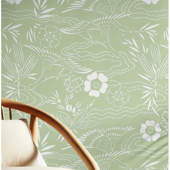 S4Sassy Botanical White Print Wallpaper - Asian Style Wall Covering, 25" x 60" Self-Adhesive Vinyl Wallpaper, Decorative Walls Wrap, Easy DIY Wall Covering For Bedroom, Living Spaces - Green