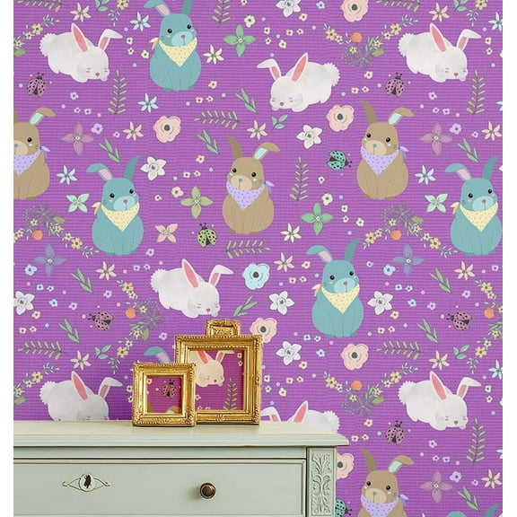 S4Sassy Bunny Garden Print Wallpaper- Multi Wall Covering,25"x 120" Self-Adhesive Textured Vinyl Wall Paper, Wallwrap, Easy DIY Walls Covering for Kids Bedroom, Kid's room decor, Playroom wallpaper
