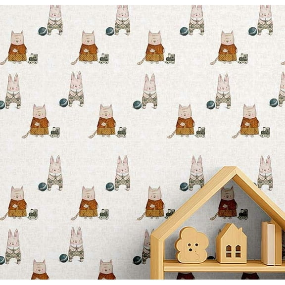 S4Sassy Cartoon Animals Wallpaper - White Wall Covering, 25" x 120" Self-Adhesive Vinyl Walls Paper, Wallwrap, Easy DIY Wall Covering For Kids Bedroom, Playroom wallpaper