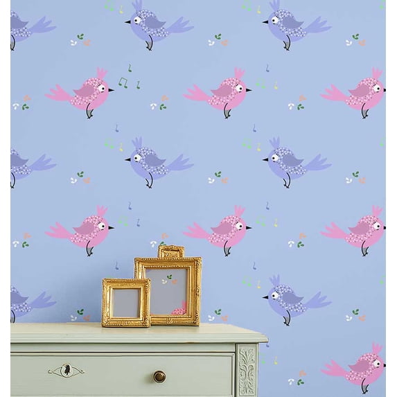 S4Sassy Cartoon Bird Wallpaper- Blue Wall Covering, 25" X 240" Self-Adhesive Plain Vinyl Wallpaper, Wallwrap, Easy Diy Wall Covering For Kids Bedroom, Kids Room Decor, Playroom