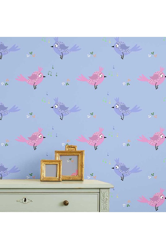 Cartoon Bird Wallpaper- Blue Wall Covering, 25" X 240" Self-Adhesive Textured Vinyl Wallpaper, Wallwrap, Easy Diy Wall Covering For Kids Bedroom, Kids Room Decor, Playroom